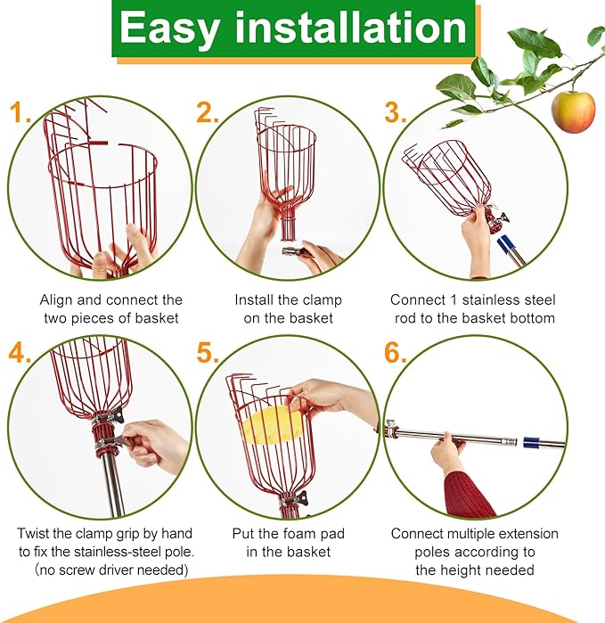 13 Feet Fruit Picker Pole Tool with Basket Apple Picker Extendable Stainless Steel Extension Pole Metal Clamp Fruit Catcher with Protective Foam Pad for Avocado Apples Mango