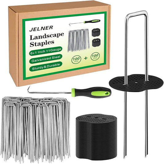 Landscape Staples Set,6 Inch 11 Gauge 100pcs Galvanized Garden Stakes + 100pcs Gaskets + 1Pick Hook,U-Shaped Tent Stakes Landscaping Fabric SOD Pins for Weed Fabric Barrier,Groud Cover,Fence