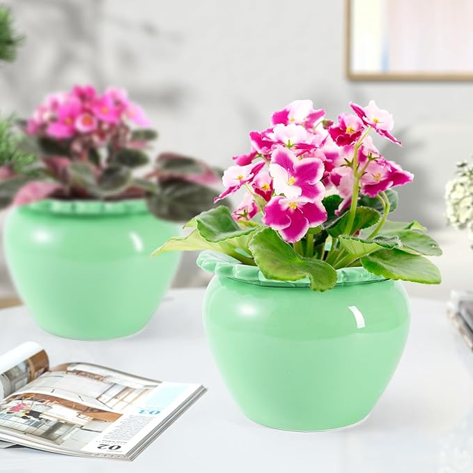 Large African Violet Pots 8 Inch Green Ceramic Easy Plant Self Watering Pot Ceramic Flowerpot with Water Absorbing Inner Pot Orchid Planter for Valentine's Day