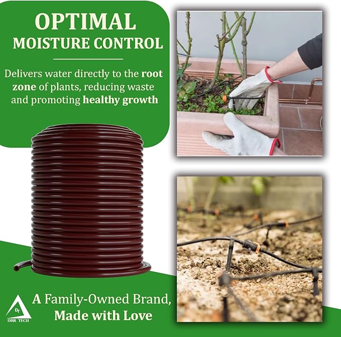 1/4 Drip Irrigation Tubing, 100 Feet, Flexible PVC Plastic Drip Irrigation Hose for Gardening, Misting, Hydroponics and DIY Landscape Garden Projects, Blank Distribution Tubing (100ft, Brown)