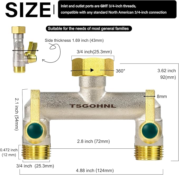 3/4-Inch Garden Hose splitter - Designed for installing multiple irrigation system timers - Suitable for high water pressure faucet manifolds - Freeze and rust resistant high flow 2-way valve