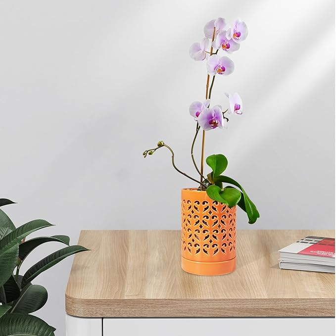 Orchid Pots 4 Inch Ceramic Orchid Pot with Holes, Plant Pot for Repotting, Flower Planter Pot Indoor Outdoor, Breathable Slotted Orchids Planter Orange