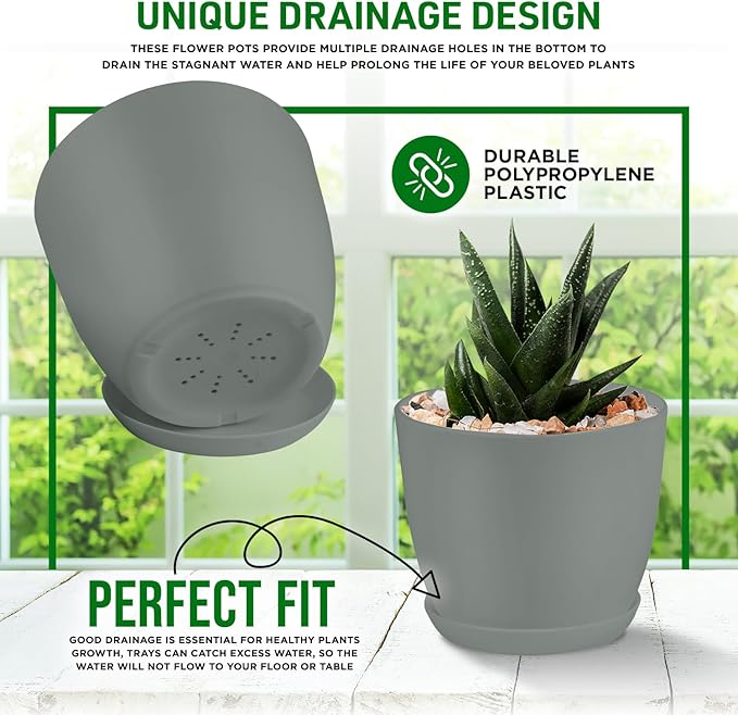 Planter Pots with Drainage Holes - Lightweight, Durable & Space-Saving Pots for Indoor and Outdoor - Versatile Functionality, Simple Modern Design, Set of 5 Plastic Planter Pots - Gray