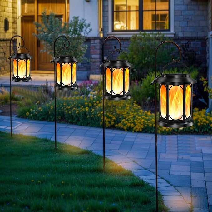 Solar Outdoor Lanterns Light Flickering Flame, Waterproof Outdoor Lanterns for Halloween Patio Garden Yard Deck Pathway, 4 Pack