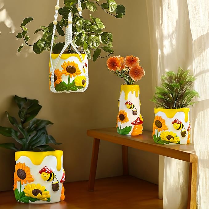 GUGUGO Colorful Bees and Sunflowers Plant Pots, Cute Unique Succulent Planters with Drainage, Rainbow Small Mushrooms Flower Planters Pots for Indoor Plants, Funny Eclectic Home Decor, Dark Green