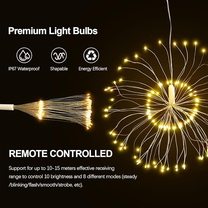 6 pack Firework Lights Copper Wire Led Lights, Dimmable Battery Operated Hanging Lights with 8 Modes, Remote Control, Waterproof Fairy String Lights for Home, Patio, Christmas Decoration