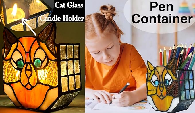 Stained Glass Yellow Cat Planter, Indoor Plant Tabletop Plant Display, Yellow Cat Small Plant Pot, Cat Terrarium Decor, Cat Decor Gift 4.6x3x5.15 in(Excluding Plants)