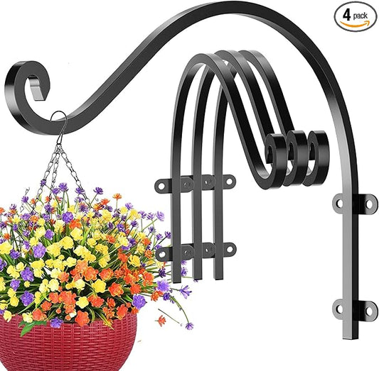 4 Pack Heavy Duty Plant Hanger Bracket, 16Inch Hanging Brackets for Plants Outdoor and Indoor, 80lbs Holding Capacity Metal Plant Wall Hooks, Black Hanging Plant Brackets for Flower Wind Bird Feeder