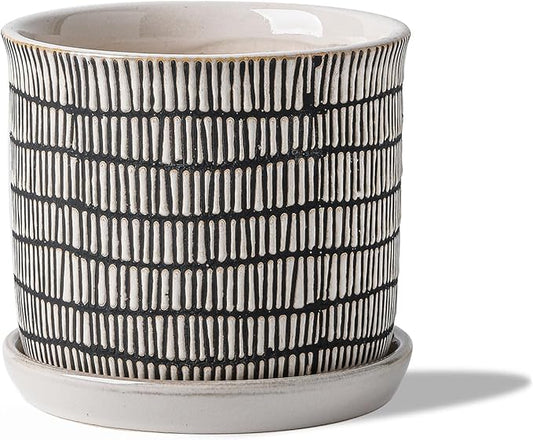 6 Inch Plant Pot: Ceramic Planter with Drainage Hole & Saucer for Indoor Outdoor Plants - Flowerpot with Bonded Tray for Home Office - Mixed Stripe Debossed
