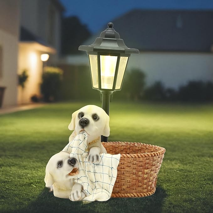 Solar Garden Outdoor Decor Statues Labrador Puppies Playing in Basket with Light,Outside-Outdoor Decorations Sculptures for Patio Yard Lawn Walkway Ornaments Clearance Gifts for Mom Grandma Birthday