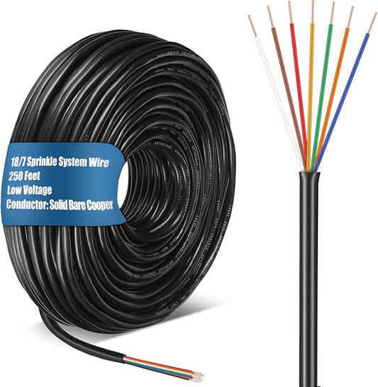 Hoolerry Solid Sprinkler System Wire 18 Gauge Irrigation Wire with UV Resistant PVC Jacket Sprinkler Cable for Underground Irrigation Field Central Control System 30v Ul Listed(18/7, 250 Ft)
