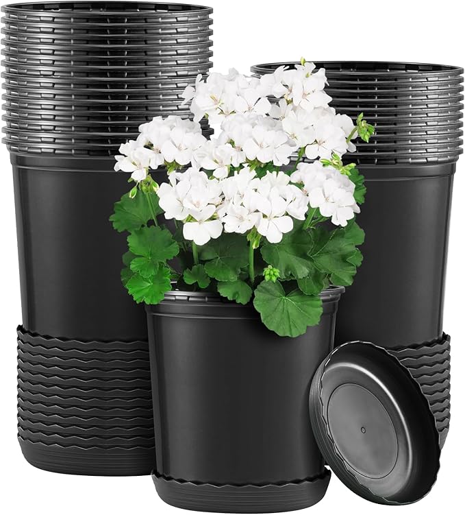 GROWNEER 24 Pack 6 Inch 1 Gallon Plant Pots with Drainage for Plants Flexible Nursery Pot Flower Pots Hole and Saucer Modern Plant Container for Indoor Outdoor(Black)