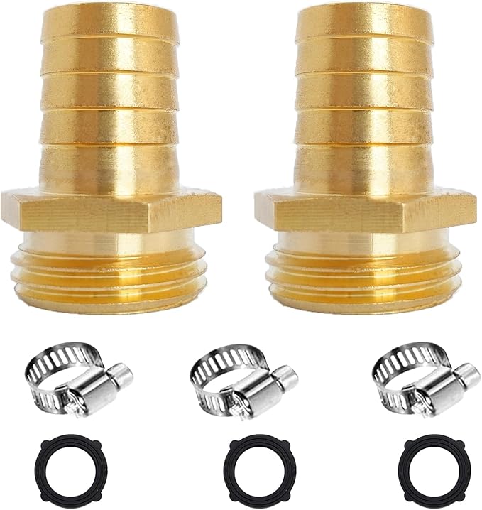 2Pcs 3/4" Barb x 3/4" Male GHT Thread Hex Brass Garden Water Hose Pipe Connector Copper Fitting with Stainless Clamp House/Boat/Lawn/Power Wash/Irrigation