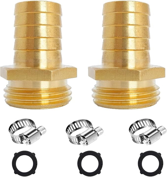 2Pcs 3/4" Barb x 3/4" Male GHT Thread Hex Brass Garden Water Hose Pipe Connector Copper Fitting with Stainless Clamp House/Boat/Lawn/Power Wash/Irrigation