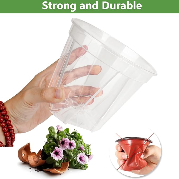Clear Nursery Pots for Plants - 10 Pack Transparent Plastic Planter in 3.9/4.7/5.5/5.9/6.3 Inch Reinforced Plant Pots with Drainage Holes Durable Seedling Pots with 10Pcs Labels