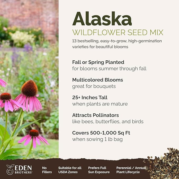 Eden Brothers Alaska Wildflower Mixed Seeds for Planting, 1 lb, 480,000+ Seeds with Yarrow, Foxglove, Cornflower | Attracts Pollinators, Plant in Spring or Fall, Zones