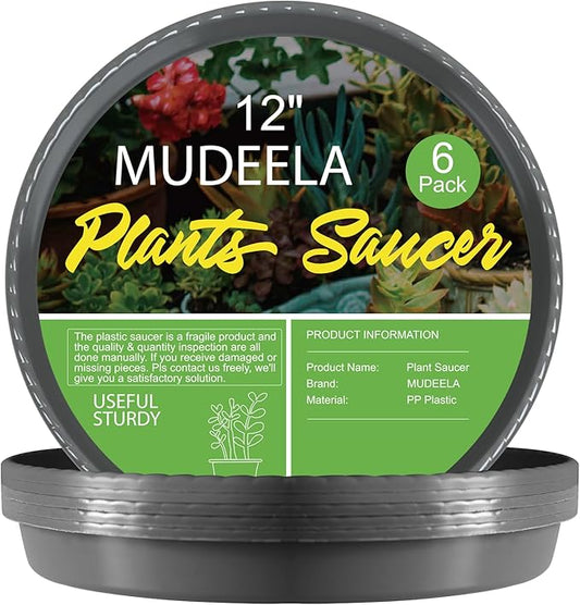 MUDEELA 6 Pack of 12 inch Plant Saucer, Durable Plastic Plant Trays for Indoors, Grey Plastic Flower Plant Pot Saucer, Made of Thicker, Stronger Plastic, with Taller Design