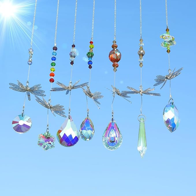 Pack of 7 Crystal Suncatchers Dragonfly Pendant Rainbow Maker Hanging for Window Wedding Garden Decor