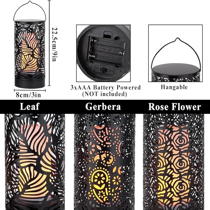 TRIROCKS Set of 3 LED Cordless Metal Lantern with Timer 7" H Moving Flame Lamp Battery Operated Breathing Lamp Floral Hollow LED Hanging Lighting for Indoor/Outdoor Patio Garden Party Gift
