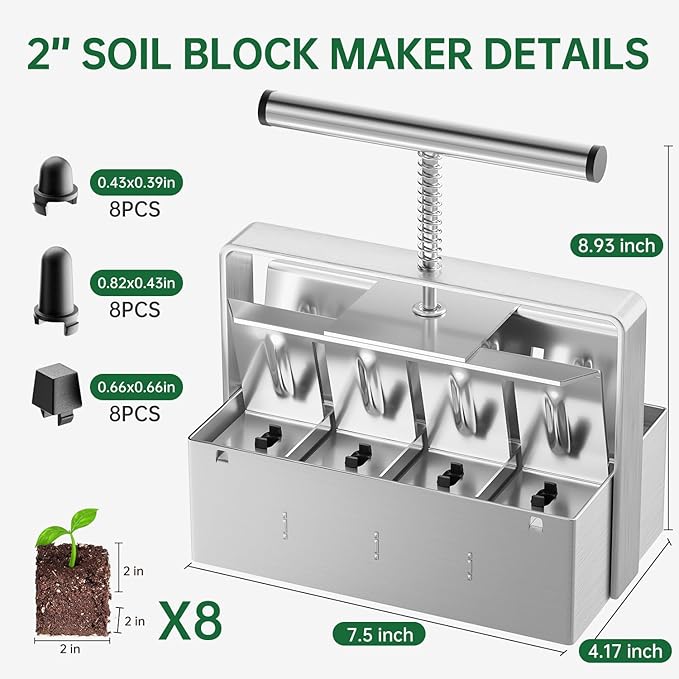 Soil Blocker, 2 Inch Soil Block Maker with 3 Sizes Seed Pins & Comfortable Handle 8 Cell Handlheld Soil Blocking Tool for Seed Starting, Grow Seedling, Outdoor Plants, Greenhouses, Garden