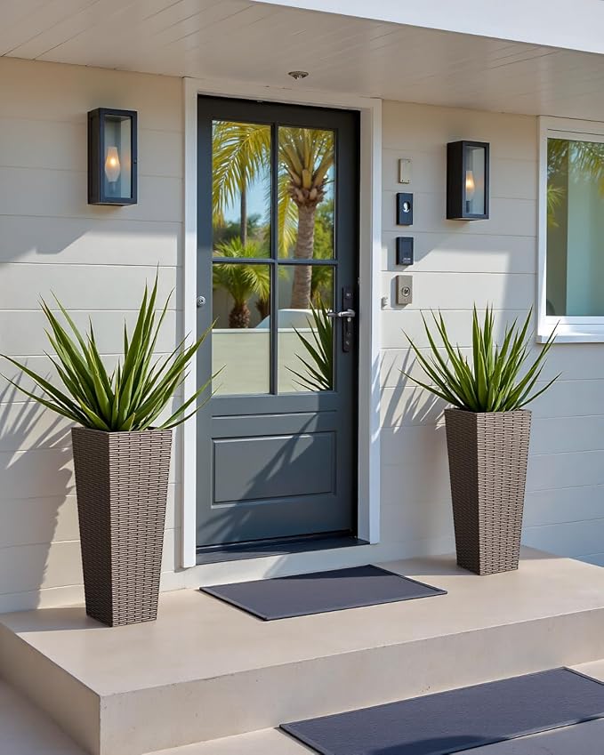 Greesum Large Tall Planter for Outdoors Plants, Set of 2, 24" Tall Plastic Flower Pots, Tapered Porch Planter with Drainage Holes for Patio, Backyard, Brown