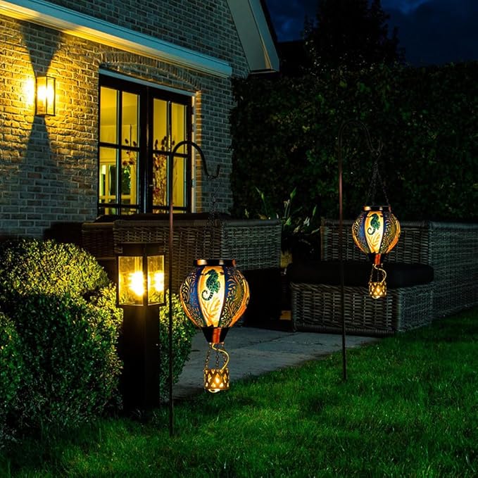 Seahorse Solar Hot Air Balloon Lantern with Flame Flickering Metal Hot Air Balloon Solar Lanterns Outdoor Waterproof Hanging Outdoor Lights for Yard,Patio,Garden Decor Birthday Gift for Women