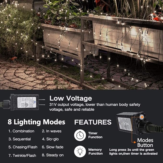 Lomotech 12ft x 5ft 360 LED Christmas Net Lights, 8 Modes Waterproof With Timer Low Voltage Connectable Mesh Lights for Trees, Bushes, Shurb, Garden, Outdoor Decoration(Green Wire, White)