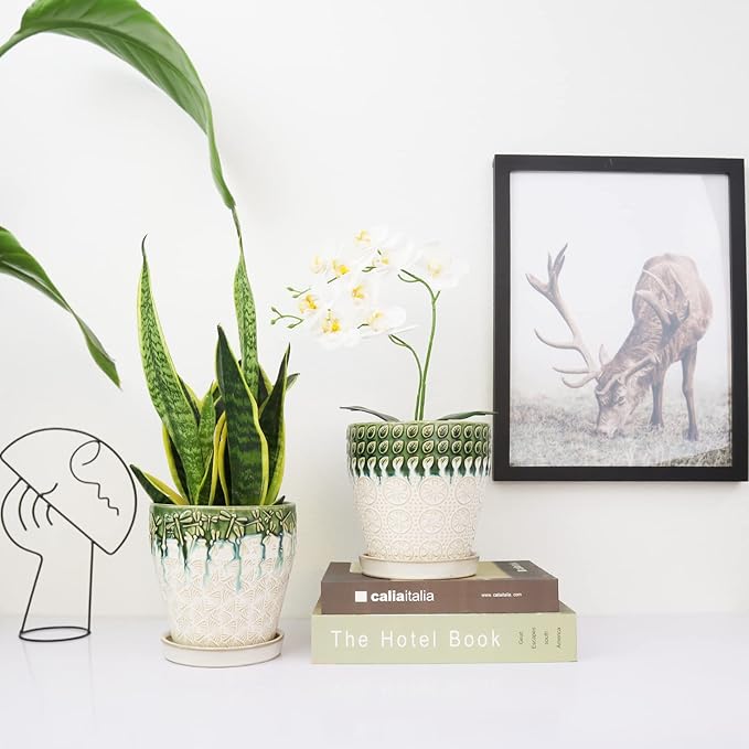 6 Inch Ceramic Planter Pots with Drainage Holes, Saucers and Mesh Pads for Indoor-Outdoor Plants, Succulent Orchid Flower Large Round Plant Pot, Set of 2 (Green+White)