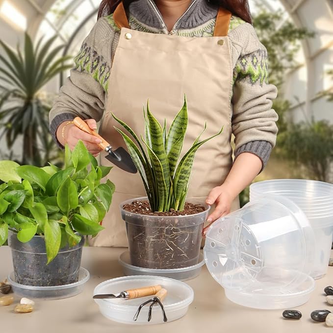 12 Pack 7 Inch Clear Nursery Pots with Saucer, Transparent Plastic Plant Pots with Drainage Holes, Sturdy Plant Starter Pots, Garden Planter Pot for Planting Succulents Flowers Herb Vegetables