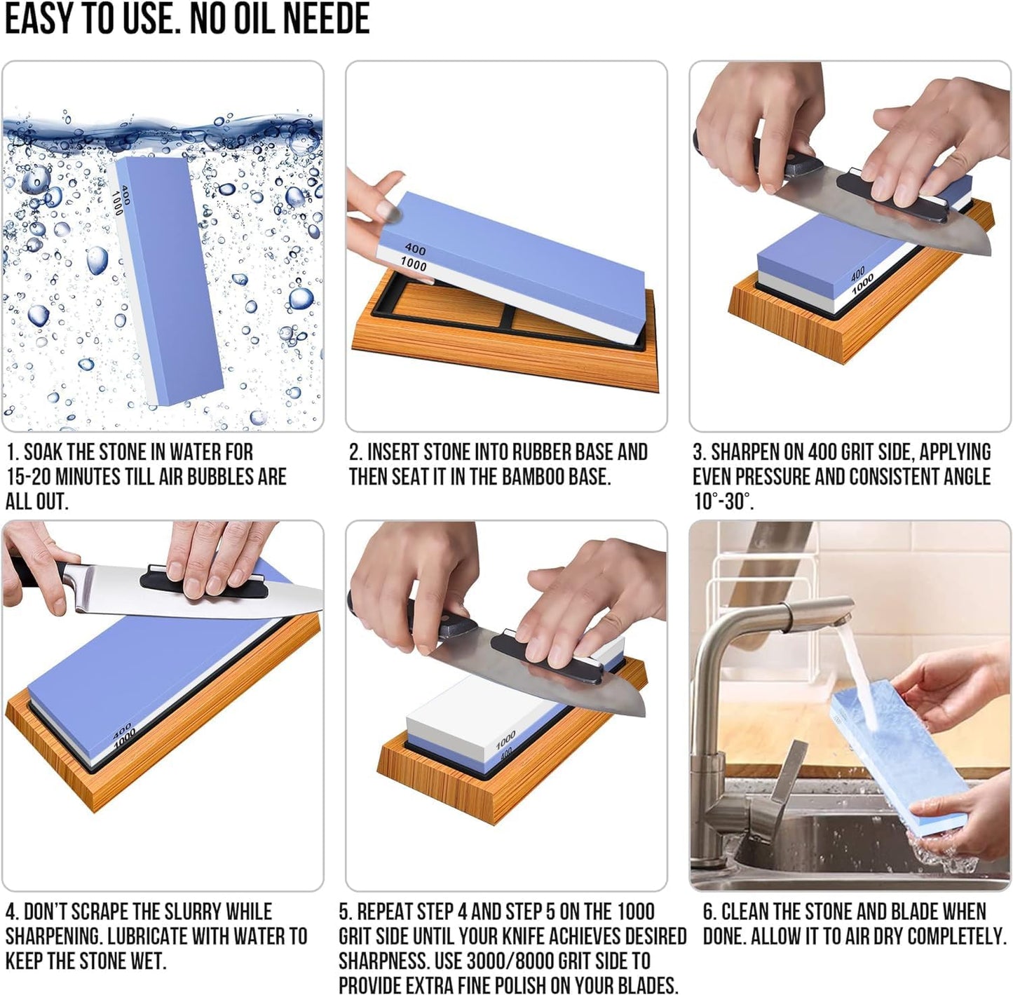 Knife Sharpening Stone Kit, Premium 4 Side Grit 400/1000 3000/8000 Whetstone Knife Sharpener Tool, Non-Slip Bamboo Base,Cut Resistant Gloves, Angle Guide