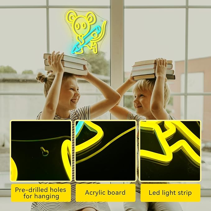 Pencil Mouse Neon Sign Yellow Led Neon Signs Classroom Neon Lights for Wall Decor Dimmable Light Up Sign for Classroom Bookstore Library Bookish Museum Teen Gifts (USB Powered 5V/2A)