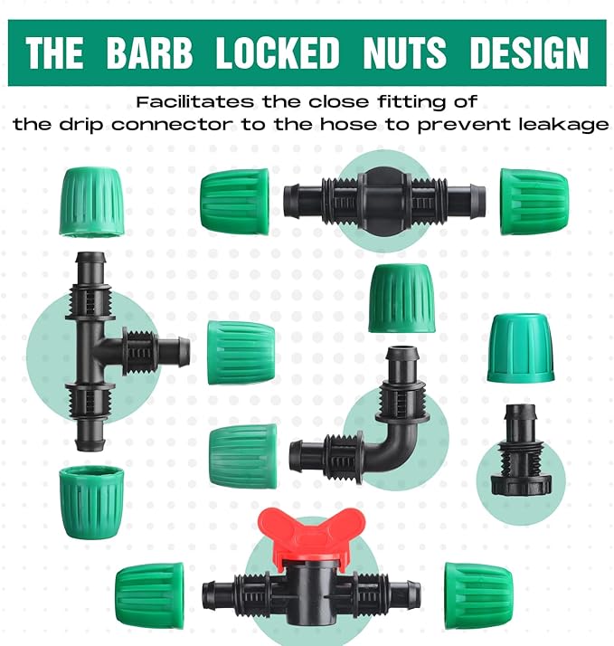32 Pcs 1/2" Tubing Irrigation Fittings Kit 1/2" ID x 0.6-0.63" OD 16 mm Drip Irrigation Barbed Connectors 4 Switch Valves, 8 Tees, 8 Couplings, 4 Elbows, 4 Ends, 4 Adapters (Green)
