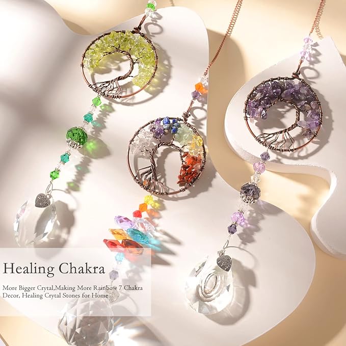 Sun Catcher Crystal Hanging Tree of Life SunCatchers Healing Crystals for Indoor Window, Home Decor, Car Charms Pack of 3