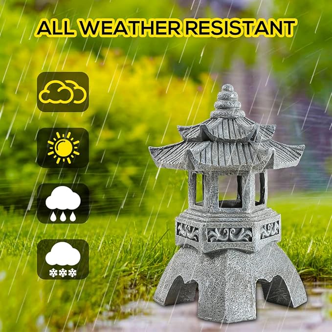 Zen Solar Pagoda Lantern Garden Statue, Indoor/Outdoor Zen Asian Decor for Landscape Balcony, Garden, Patio, Porch Yard Art Ornament