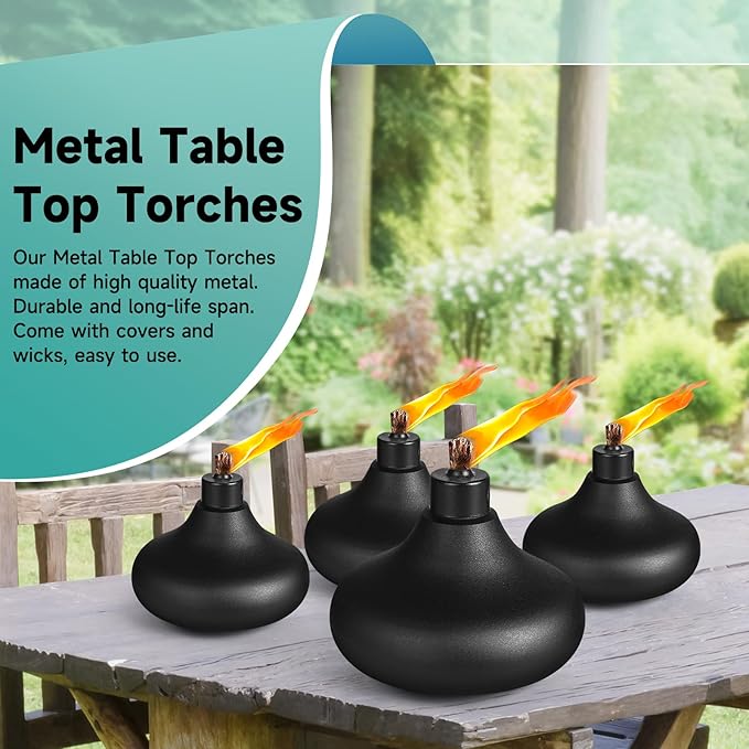 6 Pack Metal Table Top Torches,24.5 oz Citronella Torches for Outside,Refillable Flame Light Torch with Wicks and Covers, Landscape Lanterns Torches for Party, Garden Decor,DIY