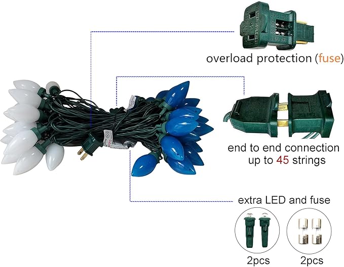 C9 Christmas Lights Outdoor 50 LED Blue + Cool White Strawberry 34.5ft Waterproof Xmas String Light for Garden Yard Home Party Holiday Christmas Tree Indoor Decoration(Blue + Cool White)