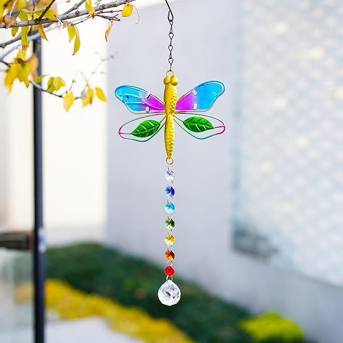Dragonfly Decor Stained Glass Suncatcher for Windows Hanging Crystal Sun Catcher Prism Rainbow Maker Pendant