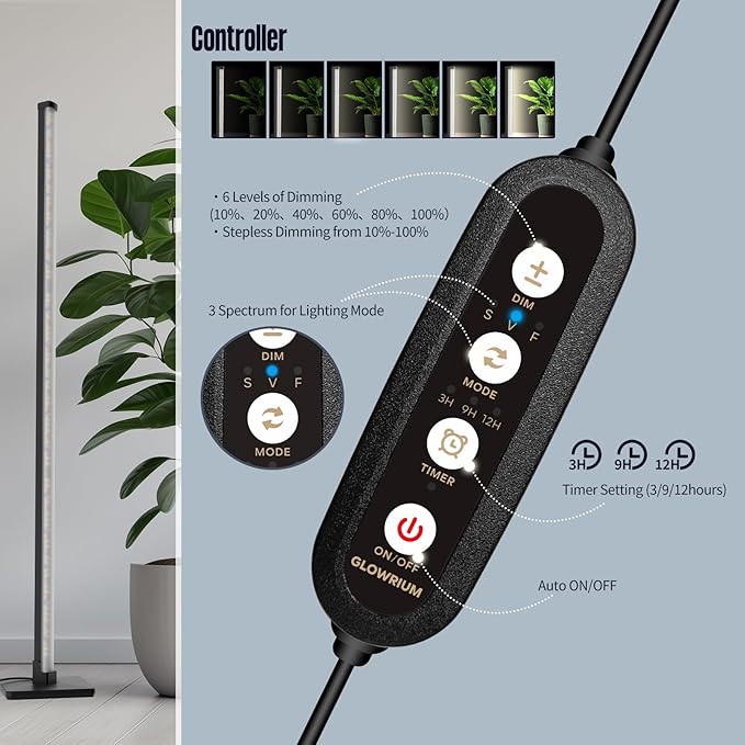 GLOWRIUM Standing Grow Light for Indoor Plants,60in Full Spectrum Vertical Plant Light,3 Light Modes,Auto-Timer,6-Level Dimmable,Suitable for Wide Area Coverage in Indoor Plants (4-Section)