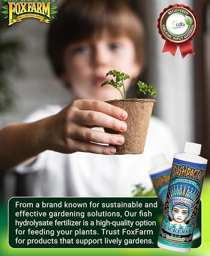 FoxFarm Bush Doctor Wholly Mackerel Fish Fertilizer, Fx14113 - Liquid Plant Nutrient for Seedlings, Transplants, and Vegetative Growth – NPK 3-1-0 (Pint)