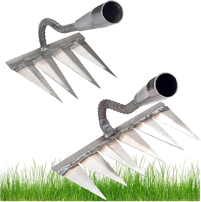 Iron Rake,4 Tines and 6 Tines Weeding Rake Tool,Carbon Garden Hand Rake Heavy Duty Weeding Rake Iron Hoe Rake,for Backyard Gardening Weeding Loosening Farm Planting.