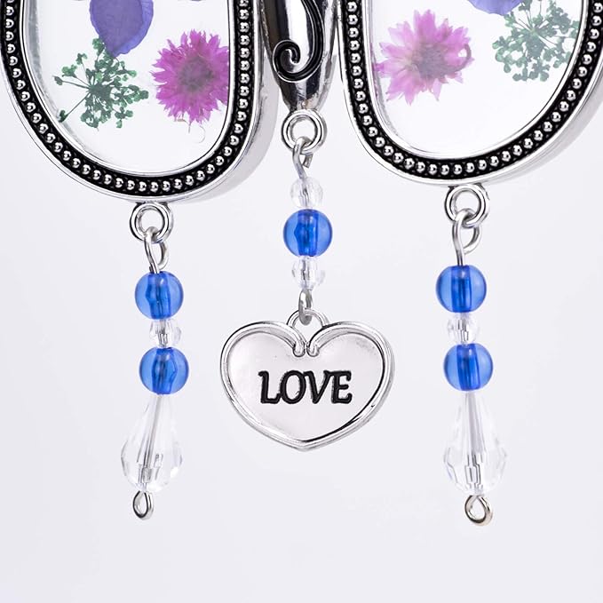 Laraine Butterfly Suncatcher with Pressed Flower Wings Mom Mother's Day Butterfly Glass Wind Chime Ornament Charm with Metal Heart Gifts for Mom Grandma Aunt Birthday (Purple Love (with Free Hook))