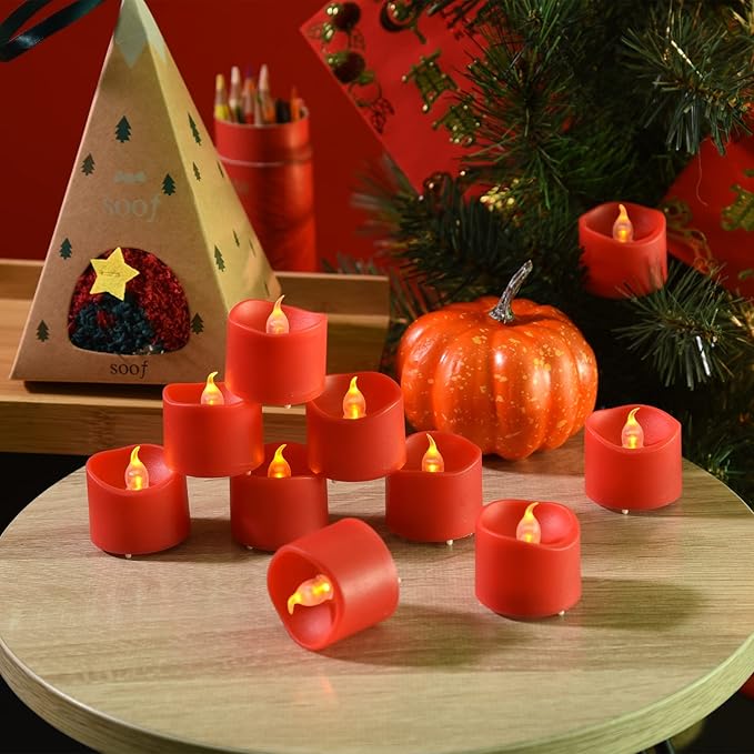 JOSU 24PCS Tea Lights Flameless Candles, Realistic Votive Tealight, Battery Operated Candles with Warm Light for Confession Propose Marriage Wedding Halloween Christmas Home Dinner Party Decor (Red)