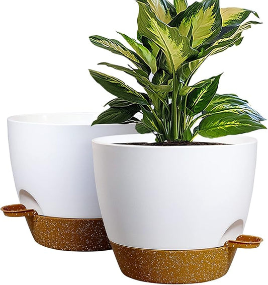 WOUSIWER 10 inch Self Watering Planters, 2 Pack Large Plastic Plant Pots with Deep Reservior and High Drainage Holes for Indoor Outdoor Plants and Flowers, White with Terracotta