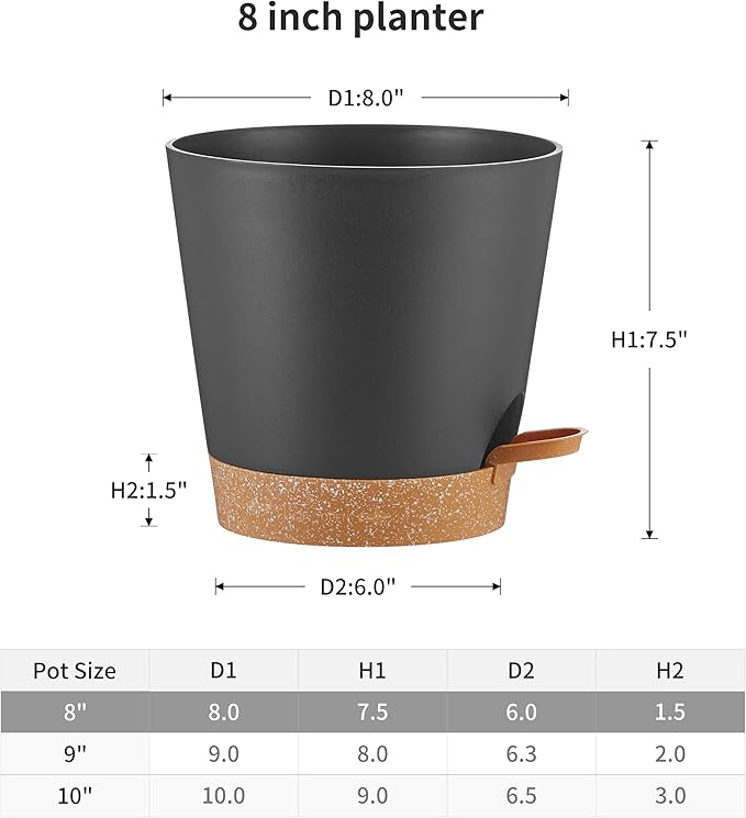 FaithLand 2-Pack 8 Inch Planter Pots for Indoor Outdoor Plants, Self Watering Flower Pots with Deep Reservoir, Black with Terracotta …
