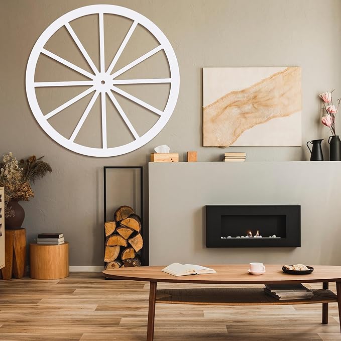 Wood Wagon Wheel Decorative Old Western Style Wagon Wheel Decor Vintage Rustic Wall Hanging Wood Cartwheel Decor for Garden Bar Patio Garage Farmhouse(24 Inch,Old White)