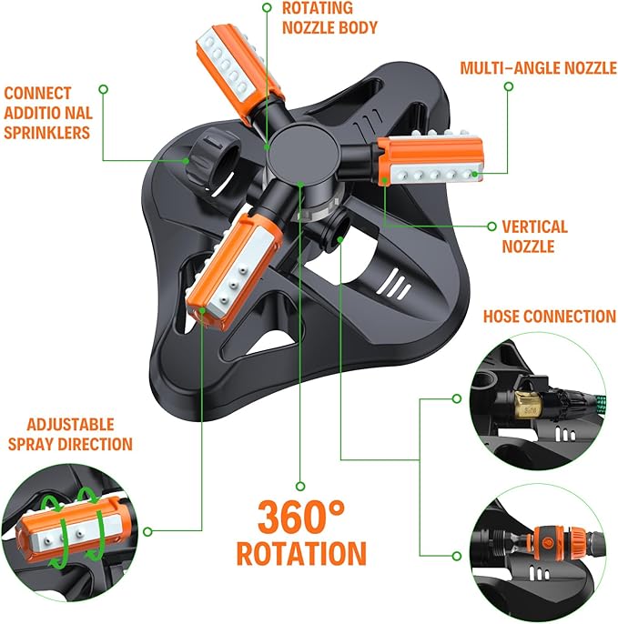 Lawn Sprinkler,Upgrade Garden Sprinkler Automatic 360 Degree Rotating Irrigation Grass Water Sprinkler System, Garden Hose Sprinkler for Yard/Built in 36 Units Angle Spray Nozzles-2Pack(Orange)