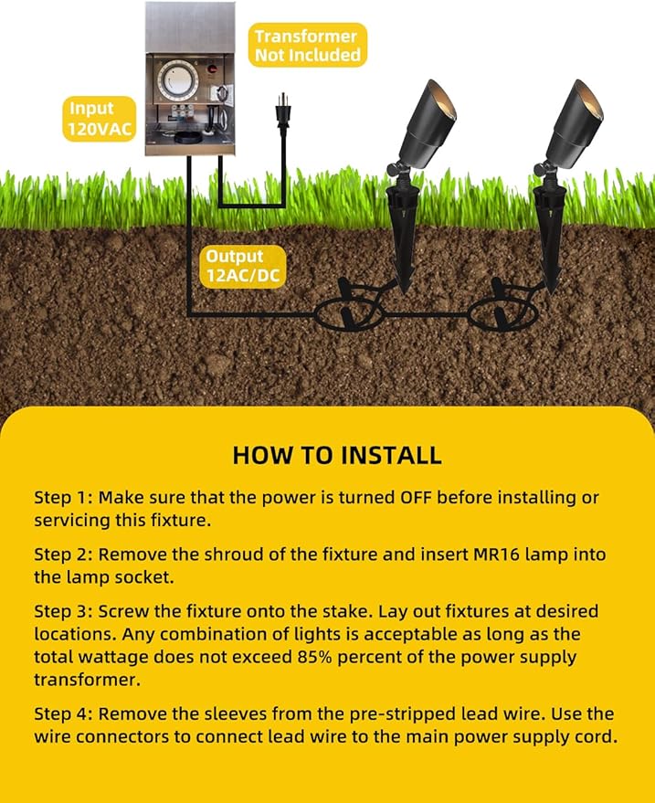 COLOER Die-cast Brass Landscape Spotlight(Black) 10-Pack with 5W Aluminum Housing MR16 LED Bulb 2700K 450LM CRI85+,12V AC/DC Low Voltage Outdoor Uplighting, Garden Patio Spot Up Light(101B-Black)