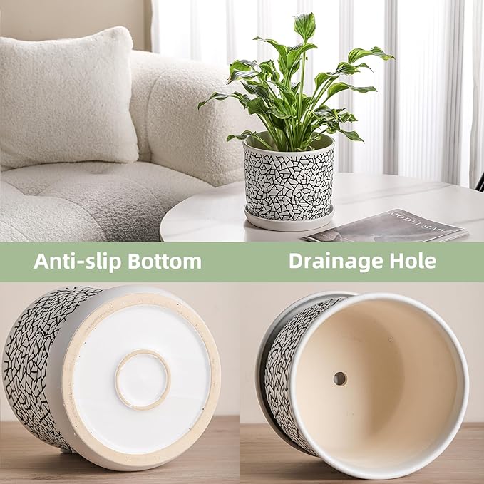 8 Inch Plant Pots: Ceramic Planter Pot with Drainage Hole & Saucer - Planters for Indoor/Outdoor Plants - Flower Pot with Bonded Tray for Home/Office - Tile Design Debossed