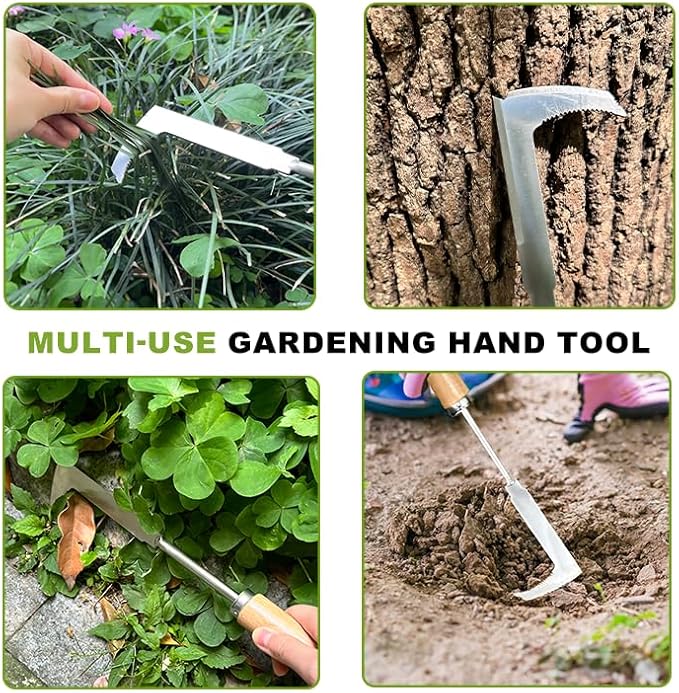 2 Pcs Stainless Steel Manual Weeder Tool Set - V-Shaped Fork & Crack Weeder for Deep Root Digging, Crevice Weeding Tool, Wood Handle Gardening Tool