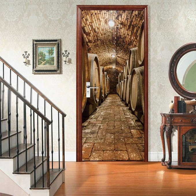 3D Door Stickers Murals Peel and Stick - Wine Cellar - Door Wallpaper Self-Adhesive Door Decals Removable PVC Waterproof Door Poster for Bedroom Living Room Door Decoration 35.4" x 78.7"